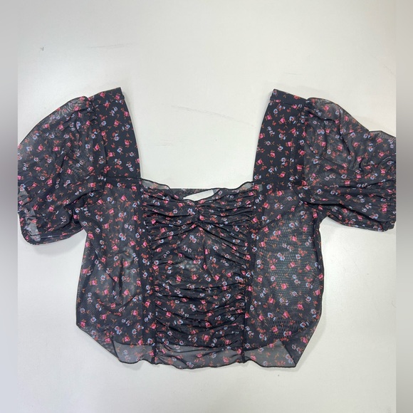 Topshop Ruched Ditsy Floral Mesh Crop Top Black Multi US Size 8 Medium - Picture 4 of 9